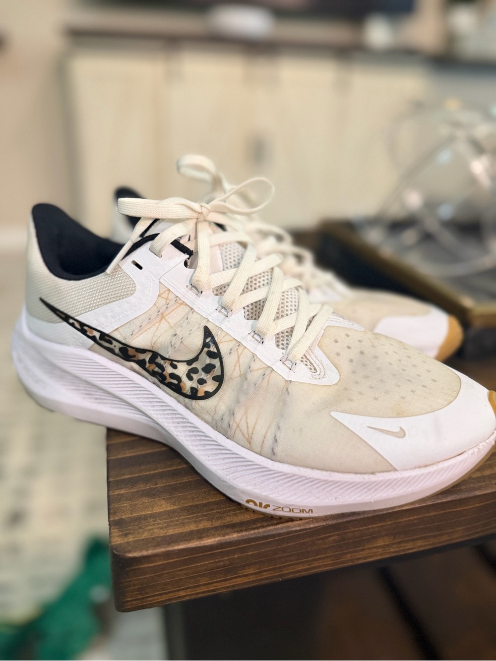 Nike Women’s White Athletic Shoes with Leopard-Print Swoosh
